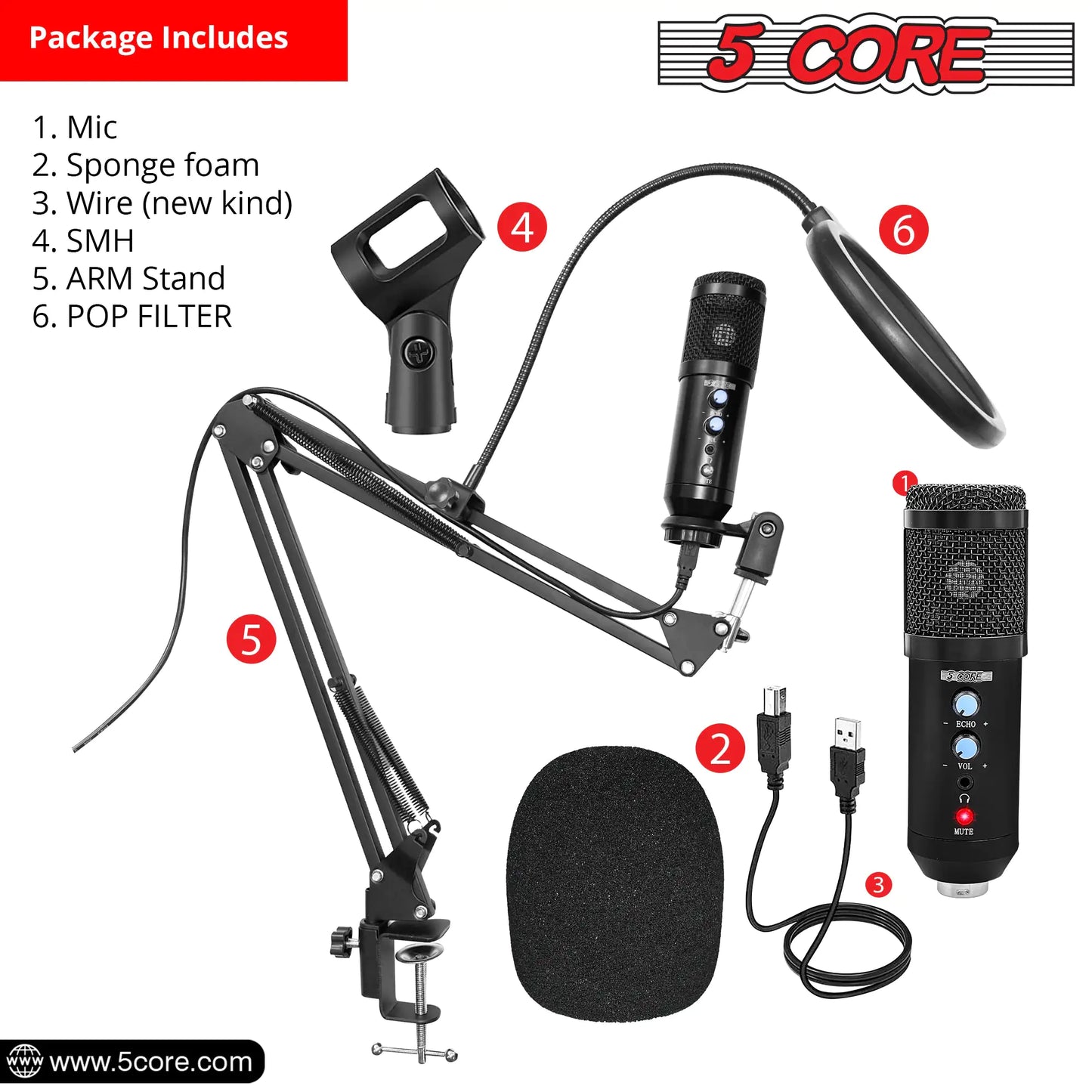 5 Core Podcast Microphone Bundle USB Condenser PC Mic Recording Studio Equipment Gaming Streaming